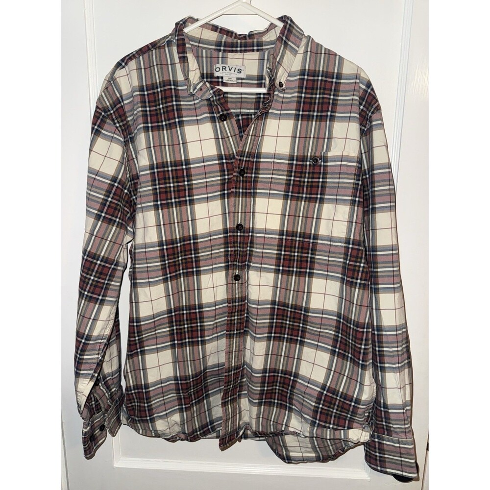 Orvis Mens Large Red Plaid Long Sleeve Button Down Shirt Regular Fit